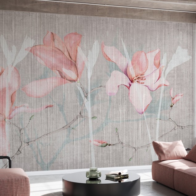 Tapet floral cu flori de magnolie delicate, design modern și elegant, perfect pentru dormitor, sufragerie sau birou.