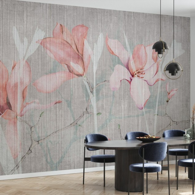 Tapet floral cu flori de magnolie delicate, design modern și elegant, perfect pentru dormitor, sufragerie sau birou.