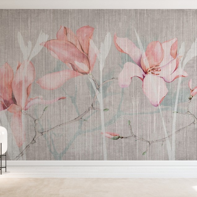 Tapet floral cu flori de magnolie delicate, design modern și elegant, perfect pentru dormitor, sufragerie sau birou.