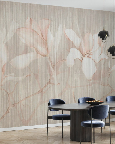 Tapet floral Magnolia Chatoyer IV cu flori albe pe fond de lemn