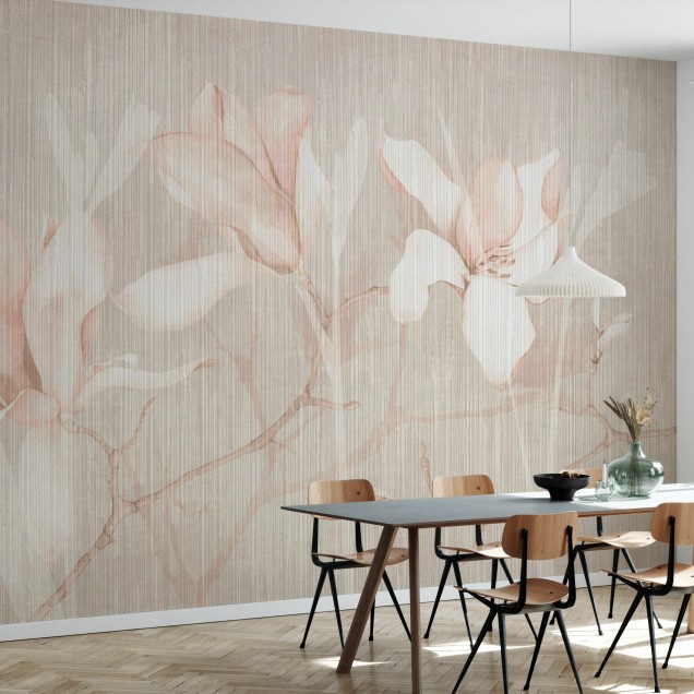 Tapet floral Magnolia Chatoyer IV cu flori albe pe fond de lemn
