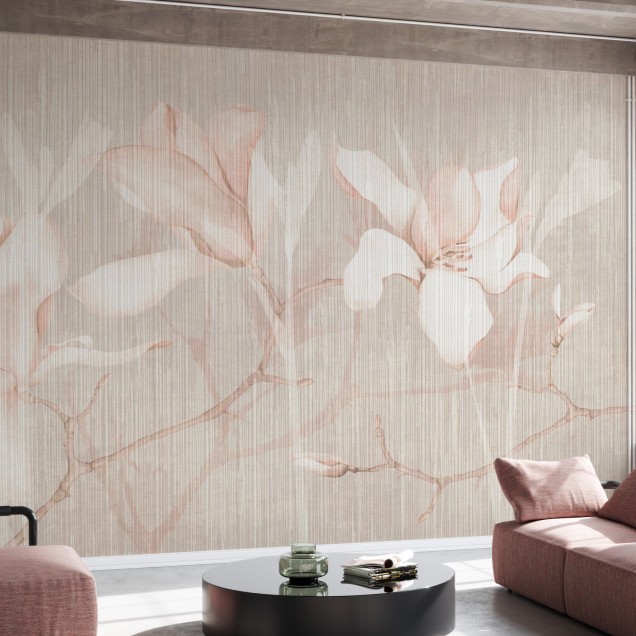 Tapet floral Magnolia Chatoyer IV cu flori albe pe fond de lemn