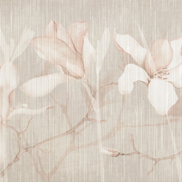 Tapet floral Magnolia Chatoyer IV cu flori albe pe fond de lemn