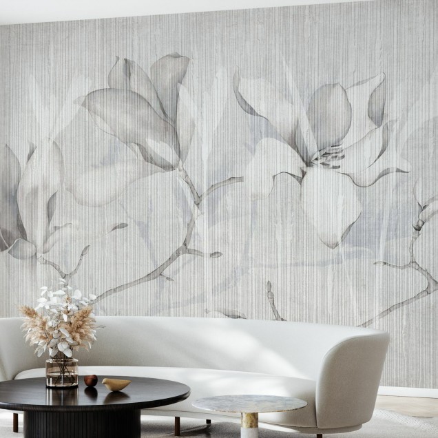 Imagine cu fototapet Magnolia Chatoyer VI, cu flori delicate de magnolie pe un fundal de lemn.