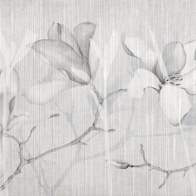 Imagine cu fototapet Magnolia Chatoyer VI, cu flori delicate de magnolie pe un fundal de lemn.