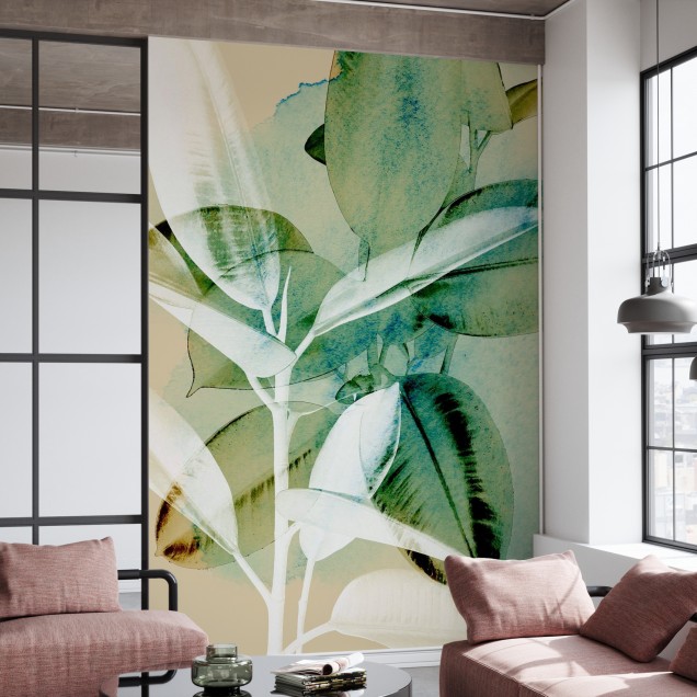 Tapet cu Ficus Elastica - Design elegant cu frunze mari si verzi, perfect pentru living, dormitor sau birou.