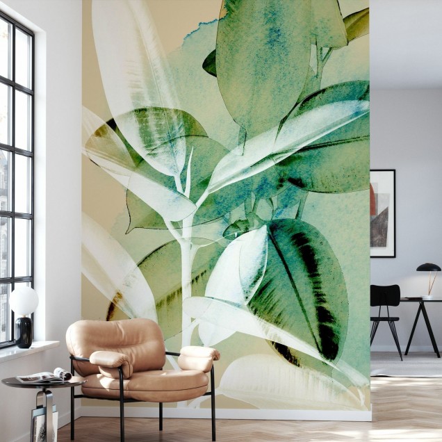 Tapet cu Ficus Elastica - Design elegant cu frunze mari si verzi, perfect pentru living, dormitor sau birou.