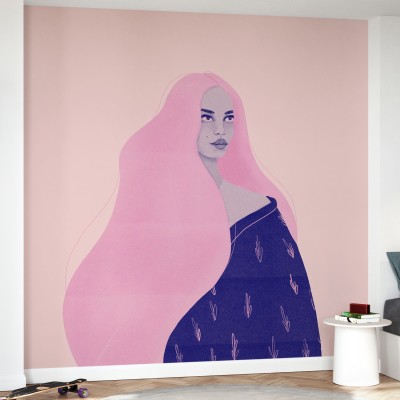 Fototapet cu design artistic, fată cu păr roz