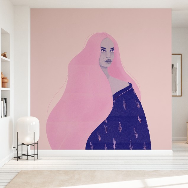 Fototapet cu design artistic, fată cu păr roz