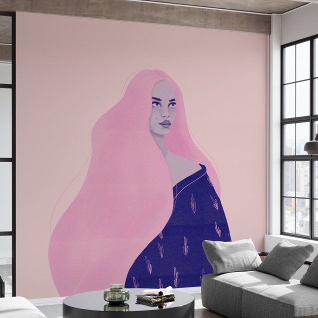 Fototapet cu design artistic, fată cu păr roz