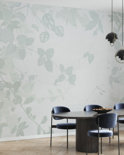 Fototapet cu model de iederă verde deschis într-o sufragerie modernă
