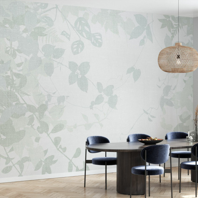 Fototapet cu model de iederă verde deschis într-o sufragerie modernă