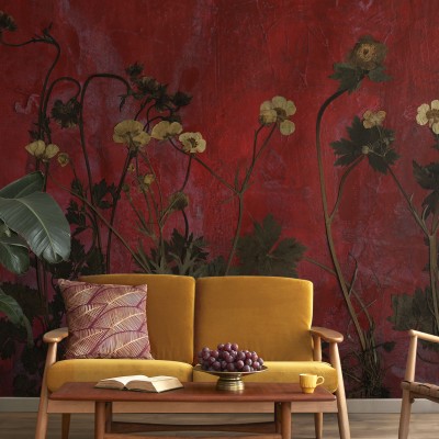 Fototapet floral cu fundal roșu într-un decor elegant