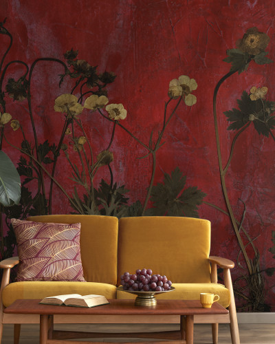 Fototapet floral cu fundal roșu într-un decor elegant