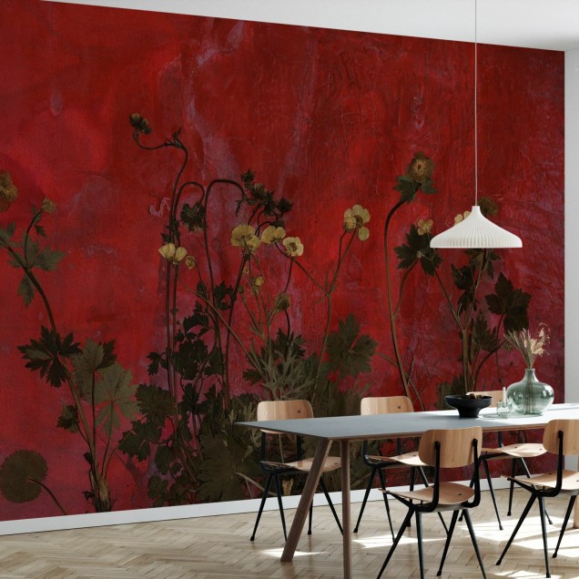 Fototapet floral cu fundal roșu într-un decor elegant