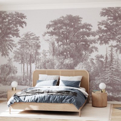 Tapet Slow Meander, Bordeaux cu un design minimalist, in nuante de bordo, infatiseaza un peisaj delicat cu copaci si o cale serpuiata.
