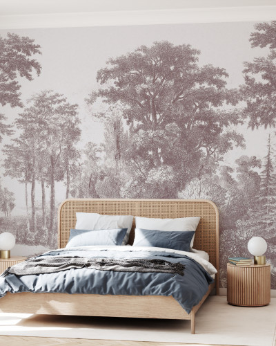 Tapet Slow Meander, Bordeaux cu un design minimalist, in nuante de bordo, infatiseaza un peisaj delicat cu copaci si o cale serpuiata.