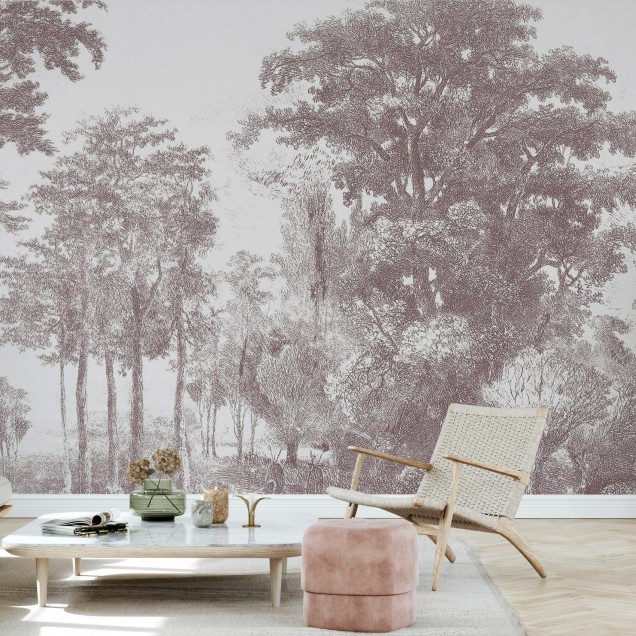 Tapet Slow Meander, Bordeaux cu un design minimalist, in nuante de bordo, infatiseaza un peisaj delicat cu copaci si o cale serpuiata.