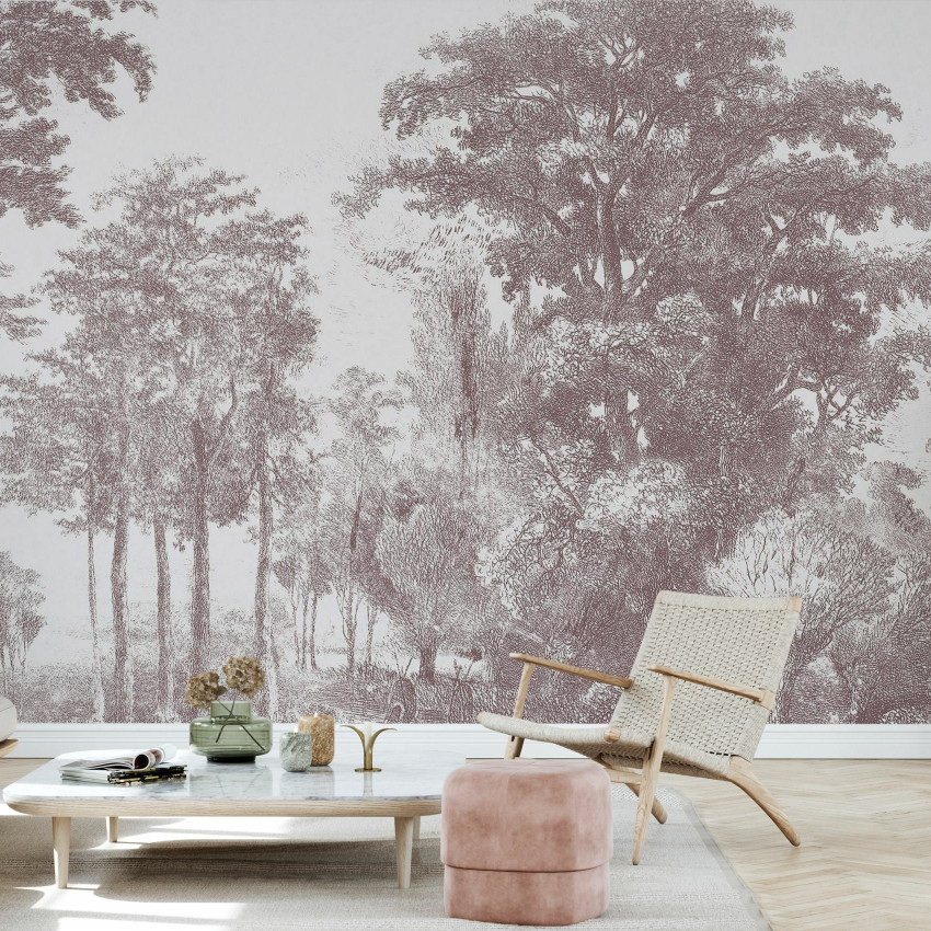 Tapetă cu un design minimalist, Slow Meander, cu copaci în tonuri de roz și verde.