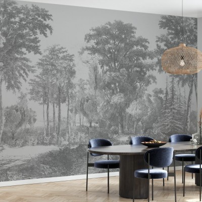 Tapet Slow Meander Grey cu un design cu copaci și pădure