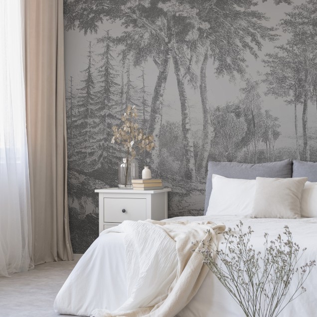 Tapet Slow Meander Grey cu un design cu copaci și pădure