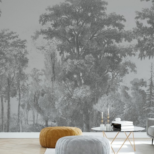 Tapet Slow Meander Grey cu un design cu copaci și pădure