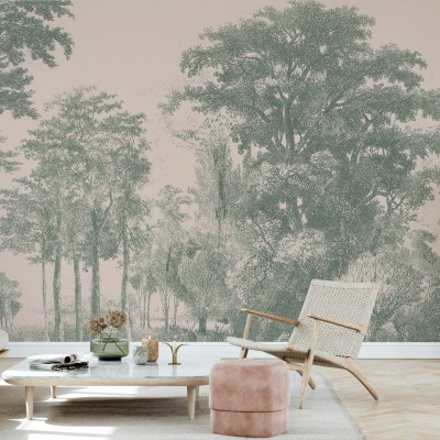 Tapetă cu un design minimalist, Slow Meander, cu copaci în tonuri de roz și verde.