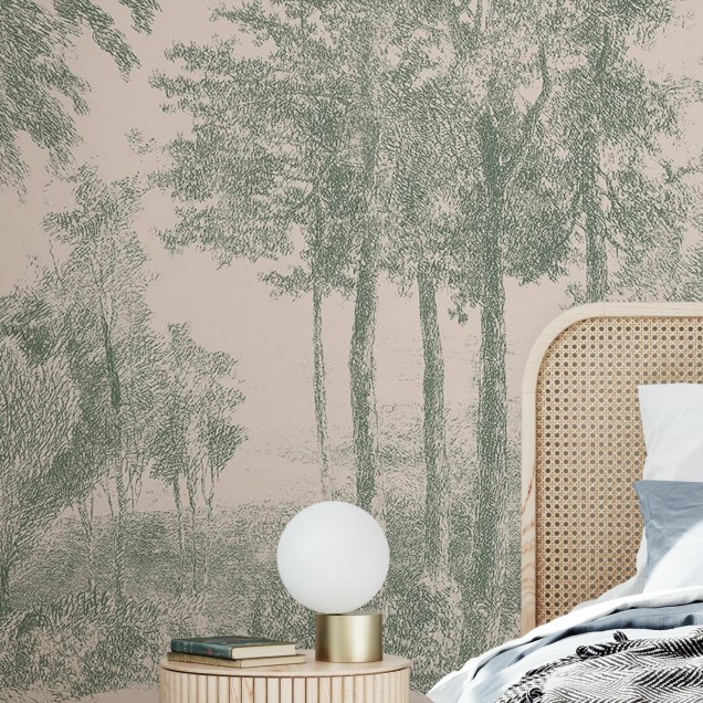 Tapetă cu un design minimalist, Slow Meander, cu copaci în tonuri de roz și verde.
