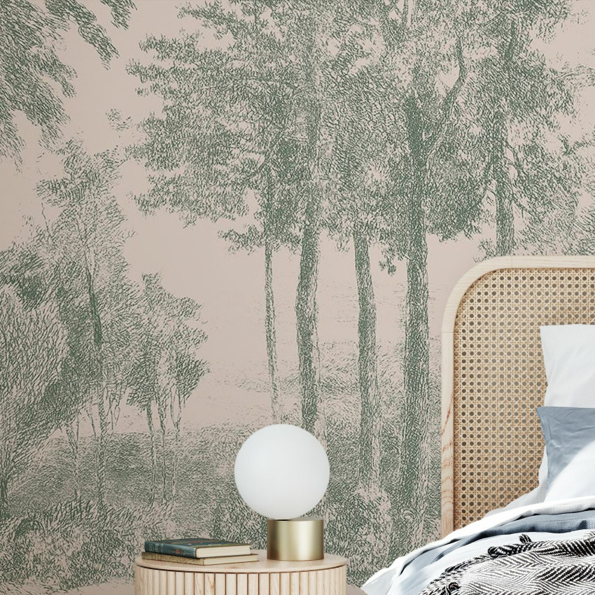 Tapet Slow Meander Grey cu un design cu copaci și pădure