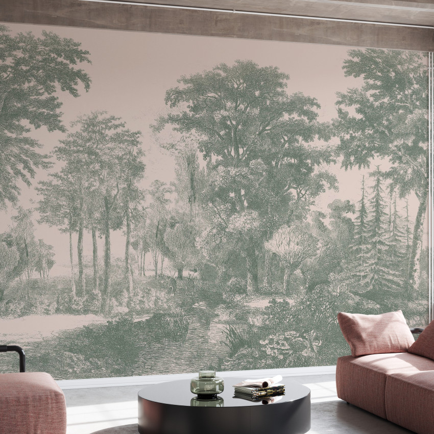 Tapet Slow Meander Grey cu un design cu copaci și pădure