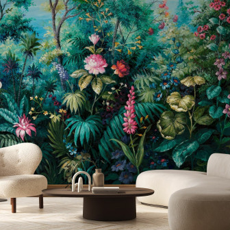 Fototapet cu design botanic luxuriant în living modern
