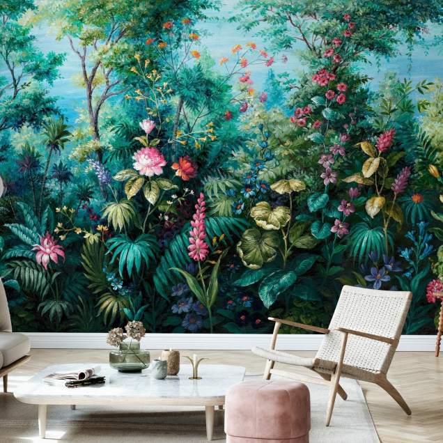 Fototapet cu design botanic luxuriant în living modern