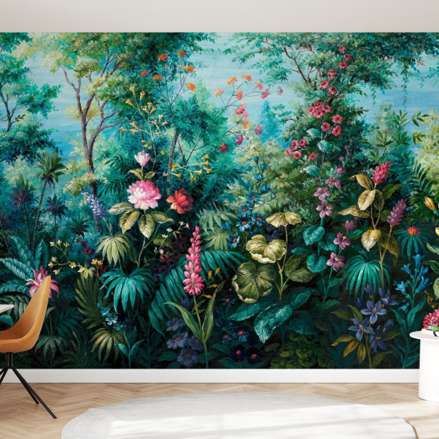 Fototapet cu design botanic luxuriant în living modern