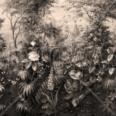 Fototapet cu design botanic sepia într-un living modern