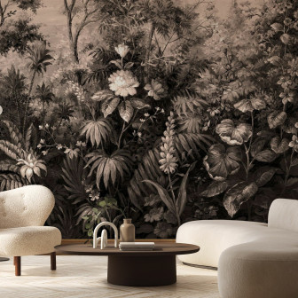 Fototapet cu design botanic sepia într-un living modern