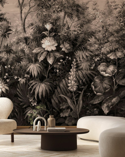 Fototapet cu design botanic sepia într-un living modern