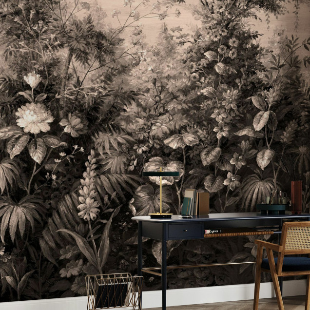 Fototapet cu design botanic sepia într-un living modern