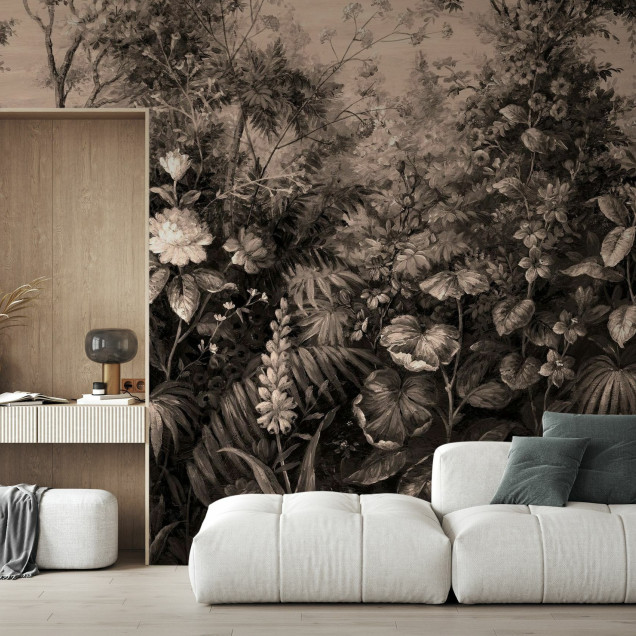 Fototapet cu design botanic sepia într-un living modern