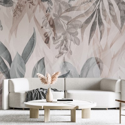 Wallpaper modern cu design botanic, cu nuanțe calde de roz și verde.