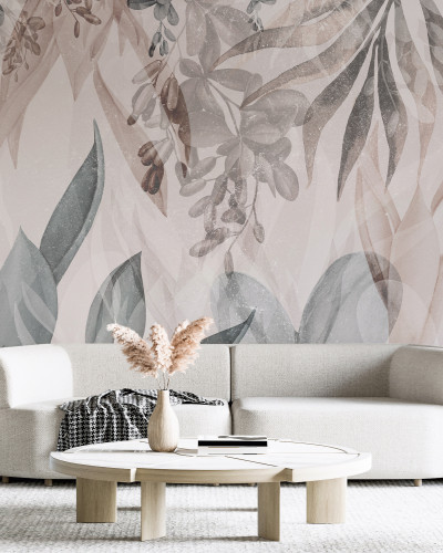 Wallpaper modern cu design botanic, cu nuanțe calde de roz și verde.