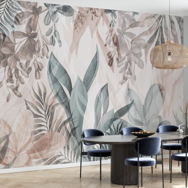 Wallpaper modern cu design botanic, cu nuanțe calde de roz și verde.