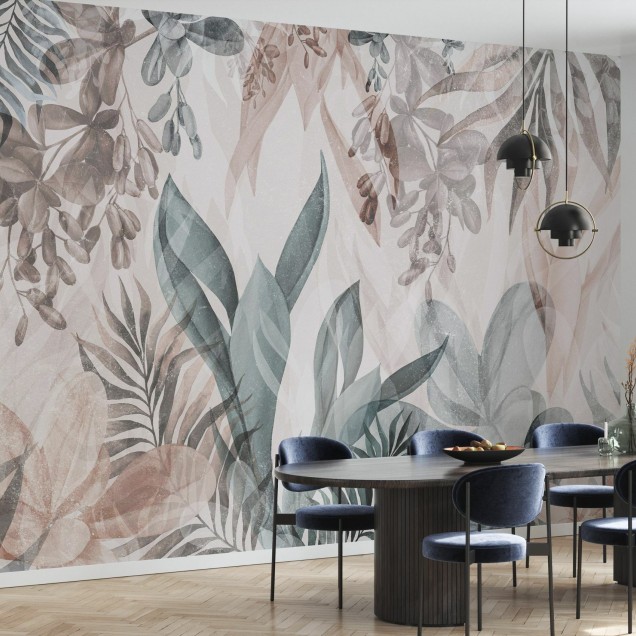 Wallpaper modern cu design botanic, cu nuanțe calde de roz și verde.