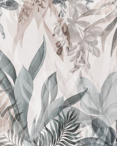 Wallpaper modern cu design botanic, cu nuanțe calde de roz și verde.