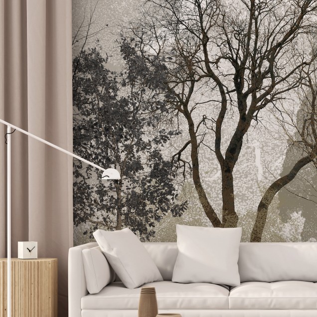 Tapet cu design abstract de toamnă, cu nuanțe de gri și maro, pentru un aspect relaxant și sofisticat.