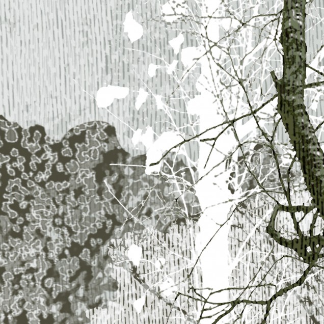 Tapet Winter Blues in the Woods cu design abstract de pădure în albastru si alb, aplicat pe peretele unui living cu mobilier modern.