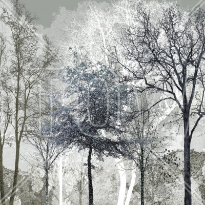Tapet Winter Blues in the Woods cu design abstract de pădure în albastru si alb, aplicat pe peretele unui living cu mobilier modern.