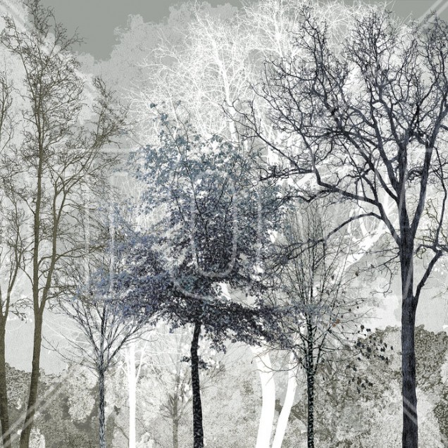 Tapet Winter Blues in the Woods cu design abstract de pădure în albastru si alb, aplicat pe peretele unui living cu mobilier modern.
