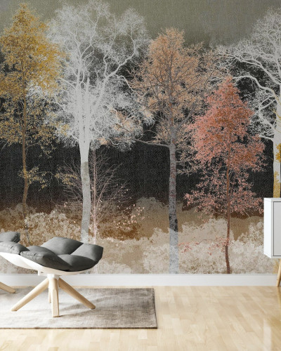 Tapet cu design modern si minimalist, cu o imagine a unor copaci cu crengi subtiri si frunze galbene, portocalii si roz, pe fundal negru.