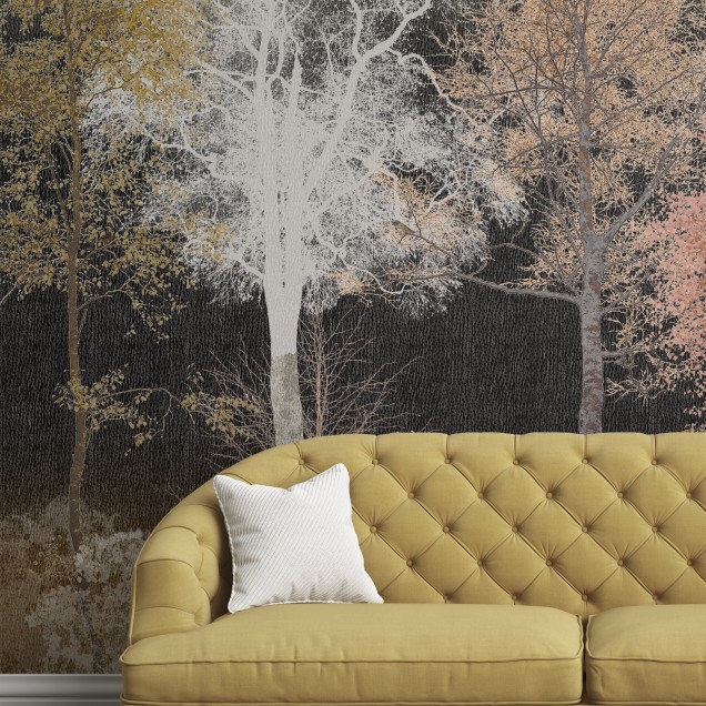 Tapet cu design modern si minimalist, cu o imagine a unor copaci cu crengi subtiri si frunze galbene, portocalii si roz, pe fundal negru.