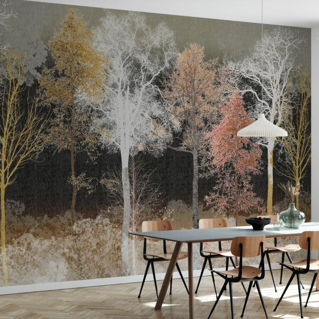 Tapet cu design modern si minimalist, cu o imagine a unor copaci cu crengi subtiri si frunze galbene, portocalii si roz, pe fundal negru.